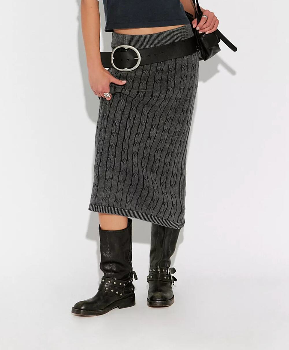 NWT Free People Polo Cable Knit Midi Skirt Washed Black 100% Cotton Sweater